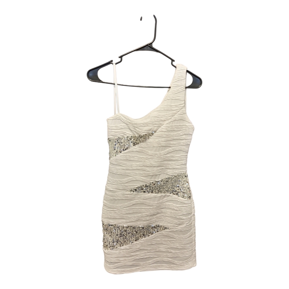 Y2K DEB White Sequin Mini Dress One Shoulder Bodycon 2000s Party Club XS Ivory